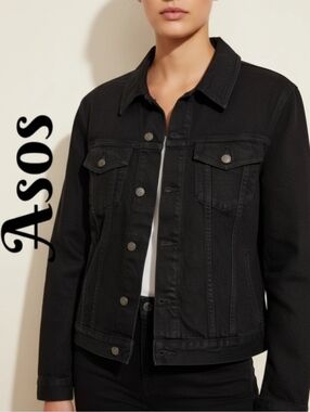 Asos Womens Trucker Black Denim Jean Jacket Sz L Front Medal Button Pockets
